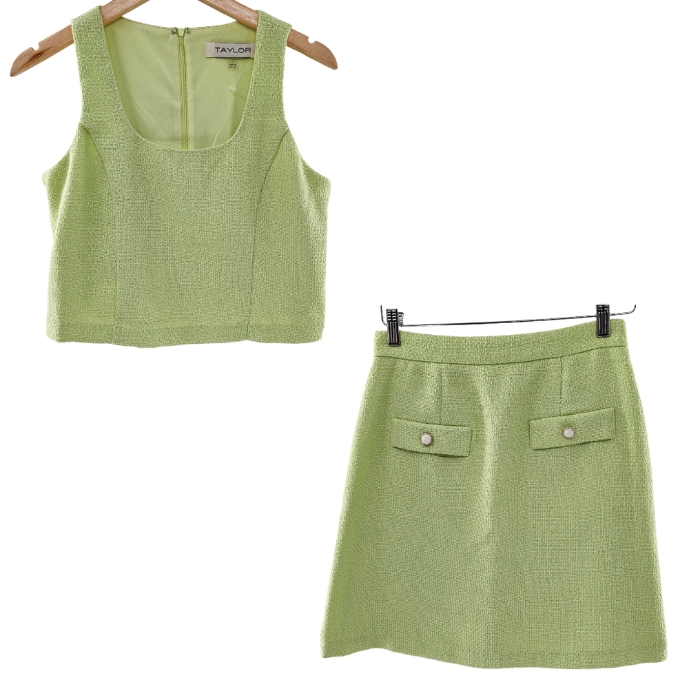 Taylor Light Green Tweed Sleeveless Top and Mini Skirt Set Womens Size 4